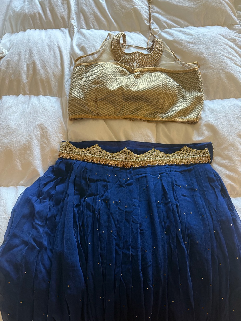Indian wedding guest!! Gold Embellished Crop Top and Royal Blue Skirt Set